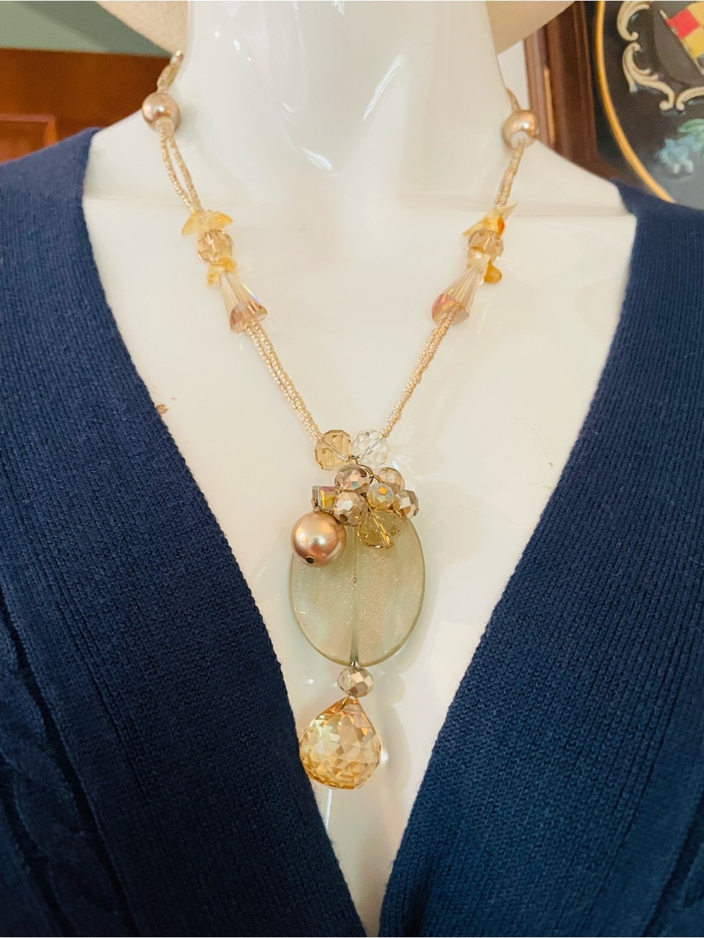 Golden Citrine Chips, Glass Beads, Golden Pearl Beads & Crystal Pendant Necklace